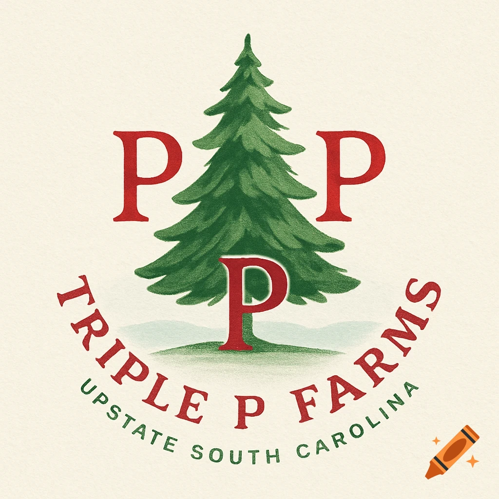 A vintage-style logo for Triple P Farms featuring a green Christmas tree, three red Ps, and 'Triple P Farms Upstate South Carolina' text.