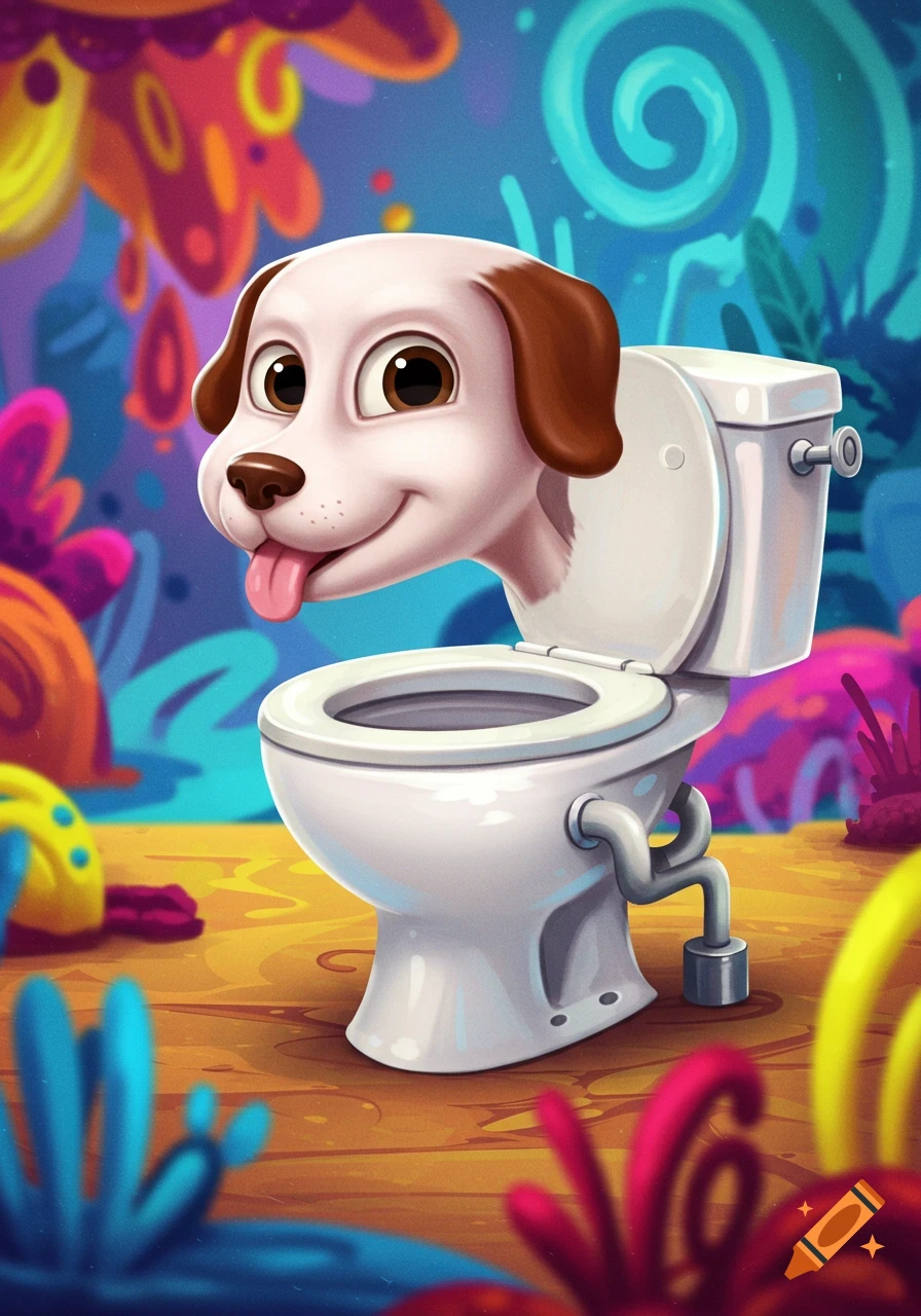 A cartoon dog's head, smiling with its tongue out, emerges from a white toilet in a brightly colored, whimsical background.