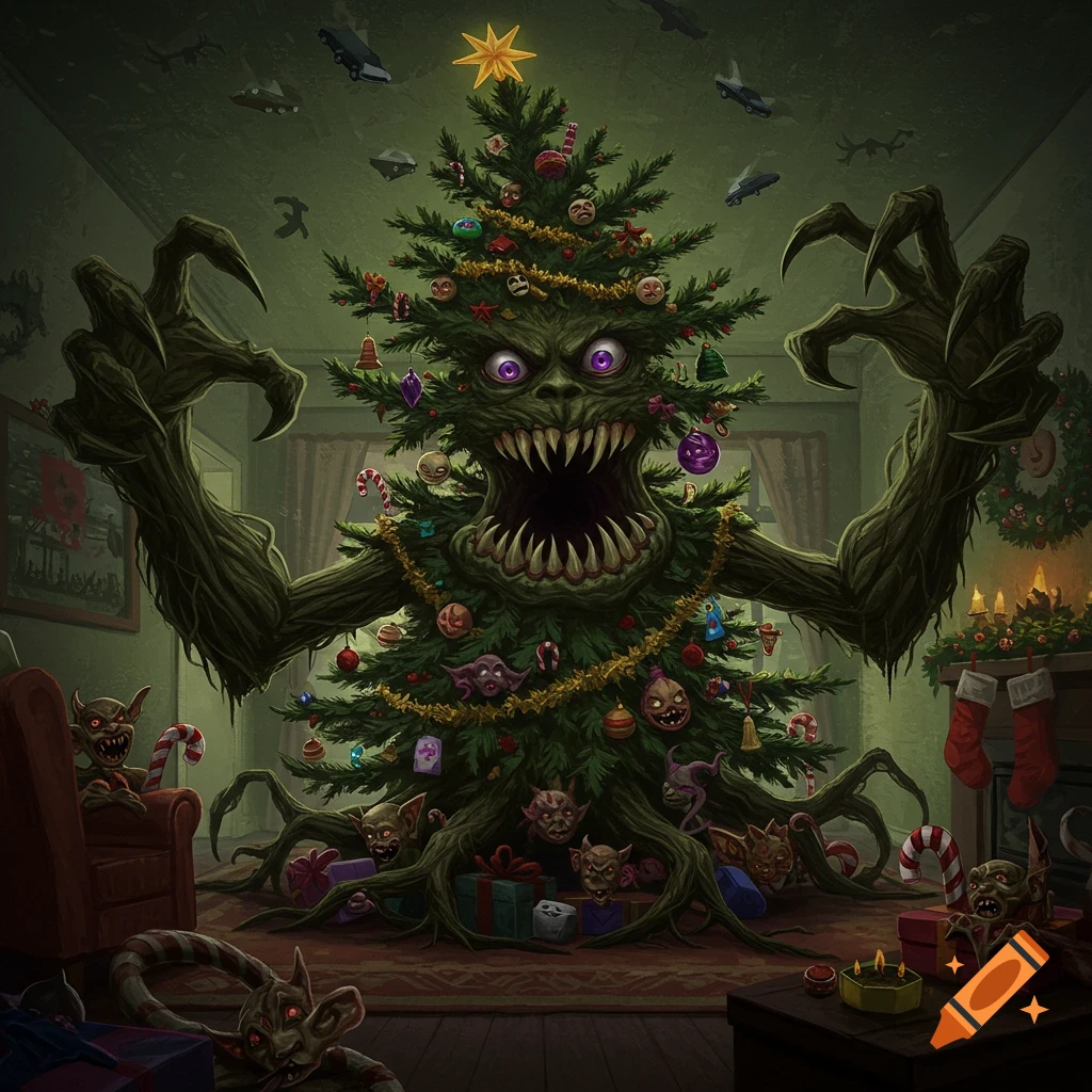 An evil Christmas tree monster with root hands, a gaping mouth, and glowing purple eyes in a festive room with goblin-like ornaments.