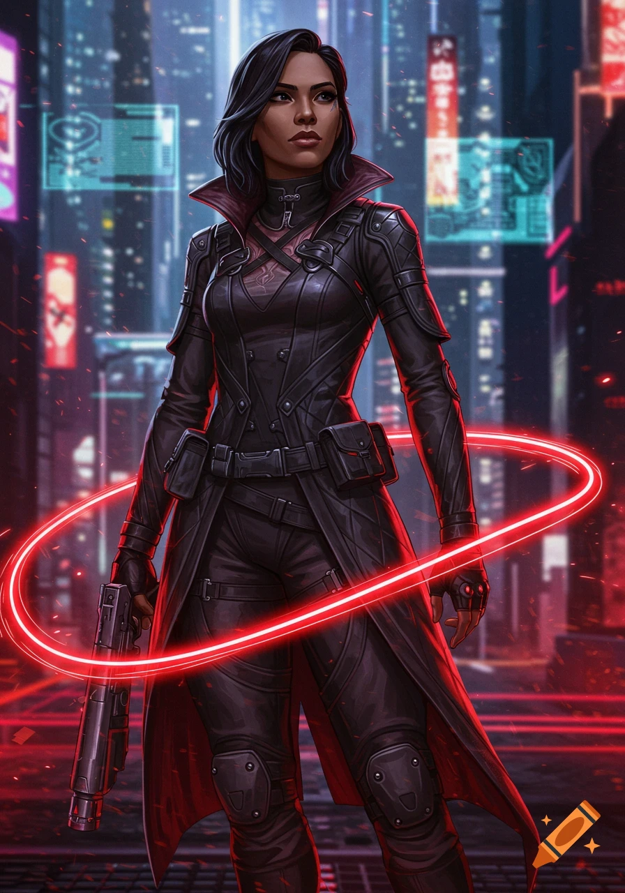 A cyberpunk woman in a black leather coat with a gun, surrounded by a red glowing ring, stands in a neon-lit futuristic city.