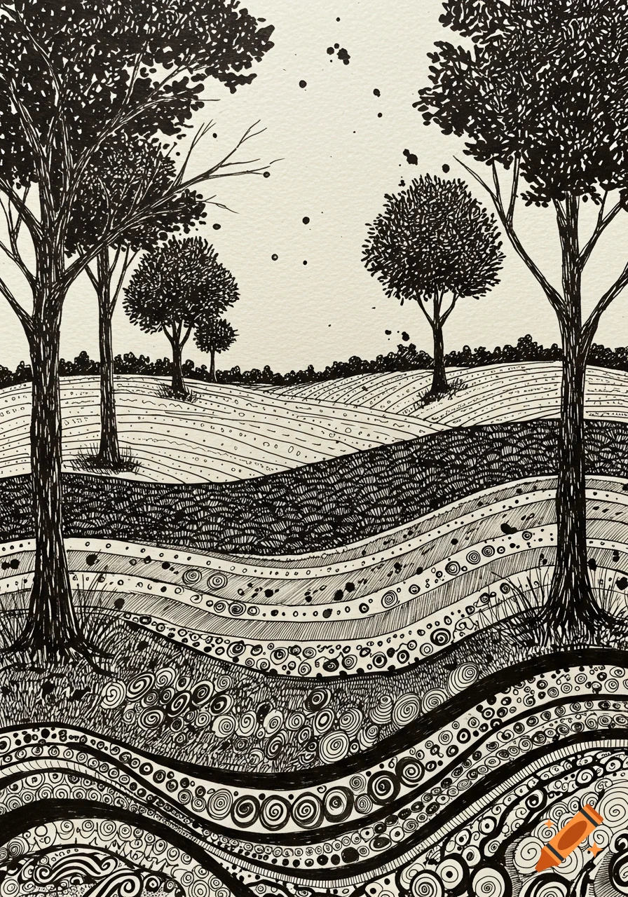 Detailed black and white abstract ink drawing of a landscape with trees and patterned fields.