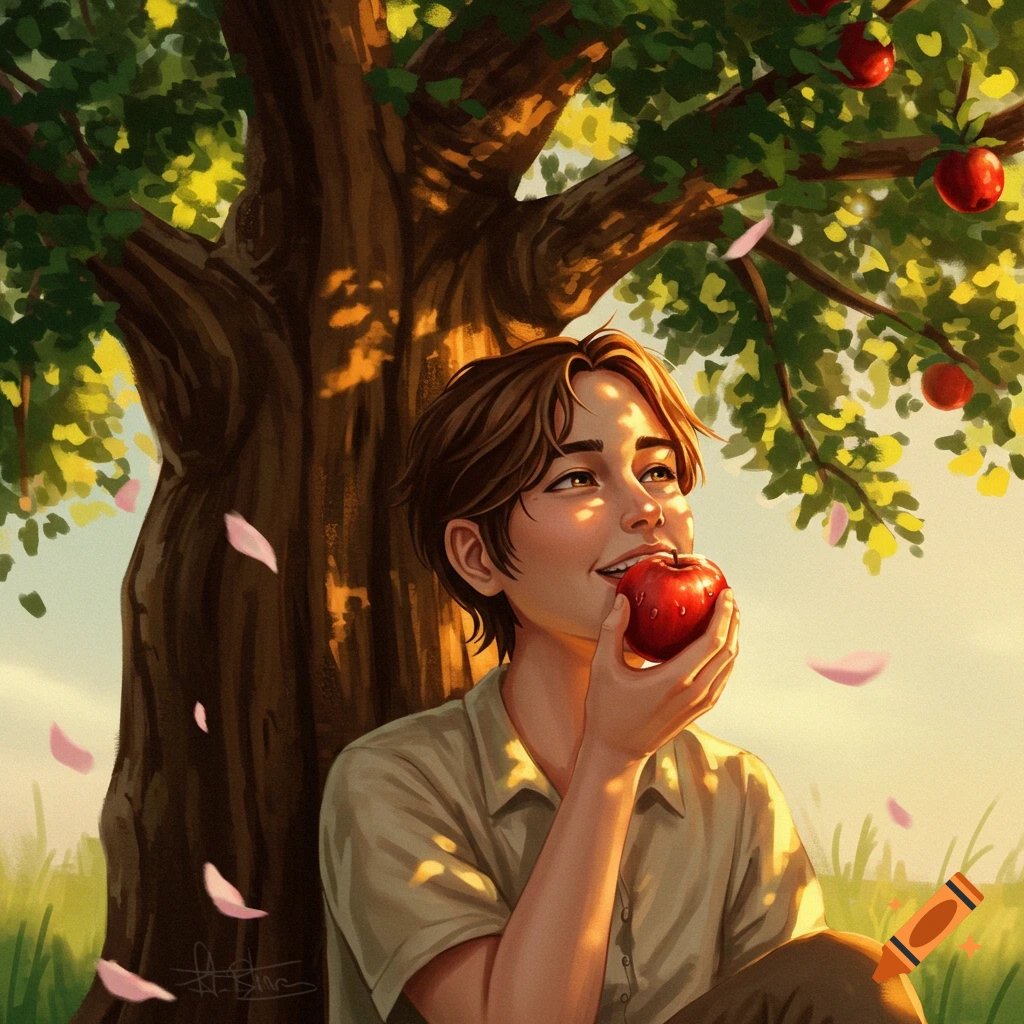 Stylized drawing of a smiling young person eating a red apple under a sunlit tree with falling pink petals.