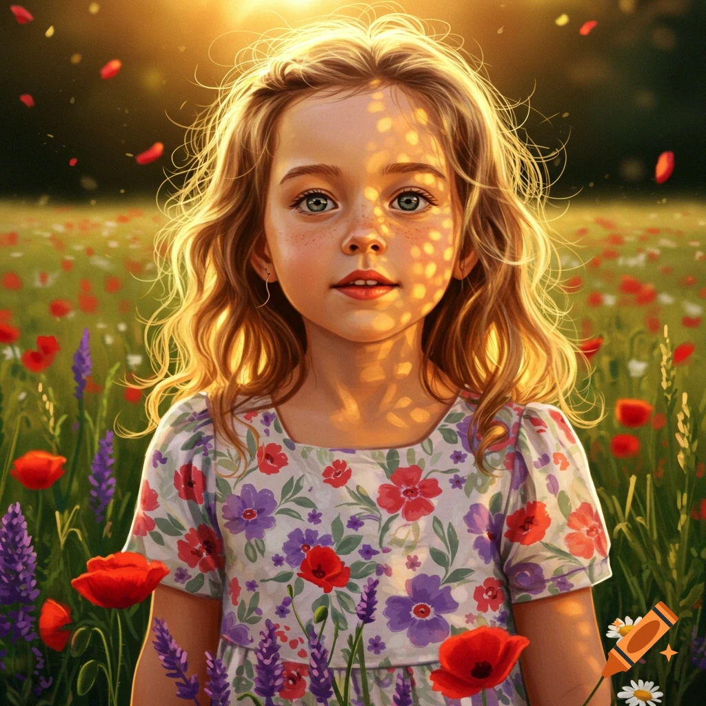 Close-up portrait of a smiling young girl with blonde hair, freckles, and blue eyes, standing in a sun-dappled field of colorful wildflowers.
