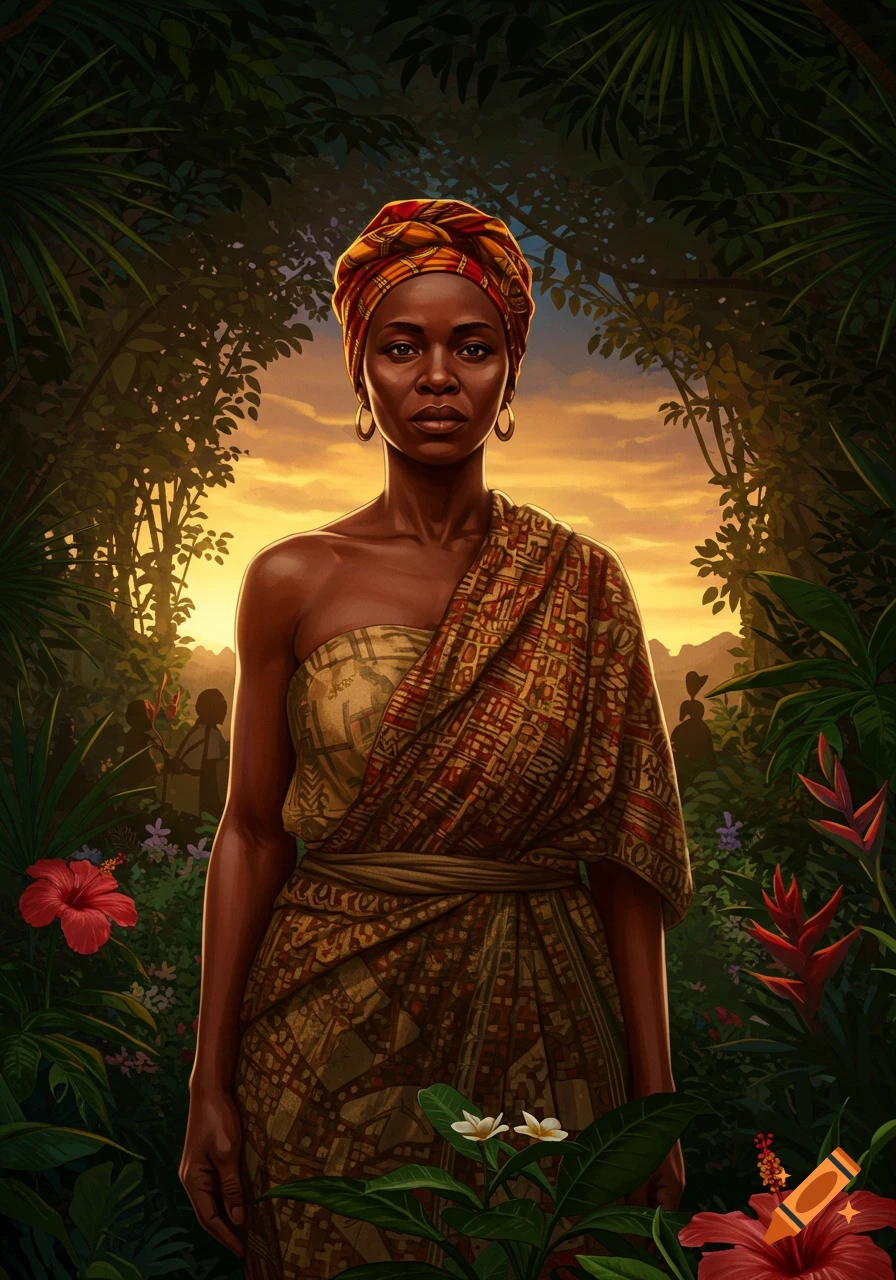 A dark-skinned woman with a colorful headwrap and patterned dress stands in a vibrant jungle at sunset.