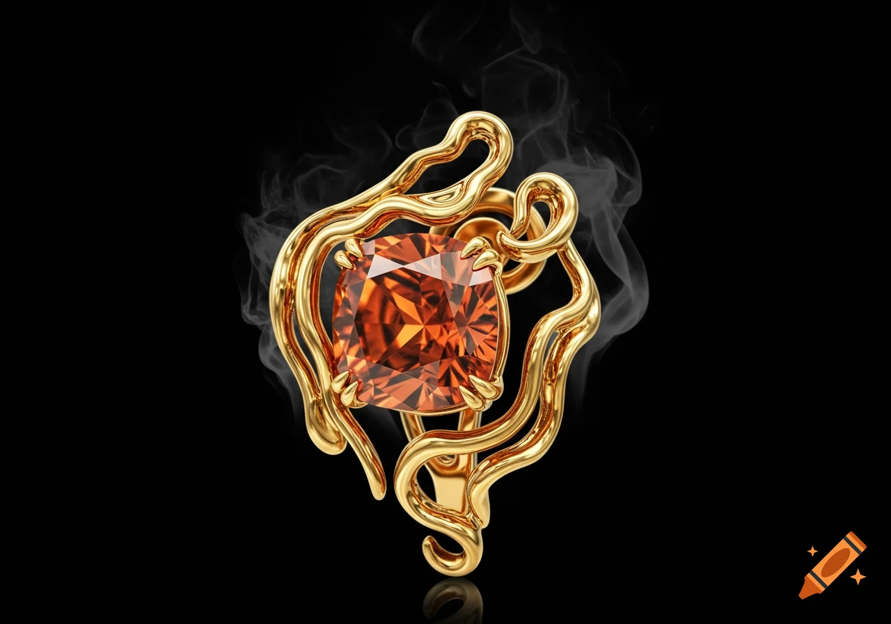A detailed golden earring with an orange cushion-cut gemstone, surrounded by wisps of smoke, on a black background.