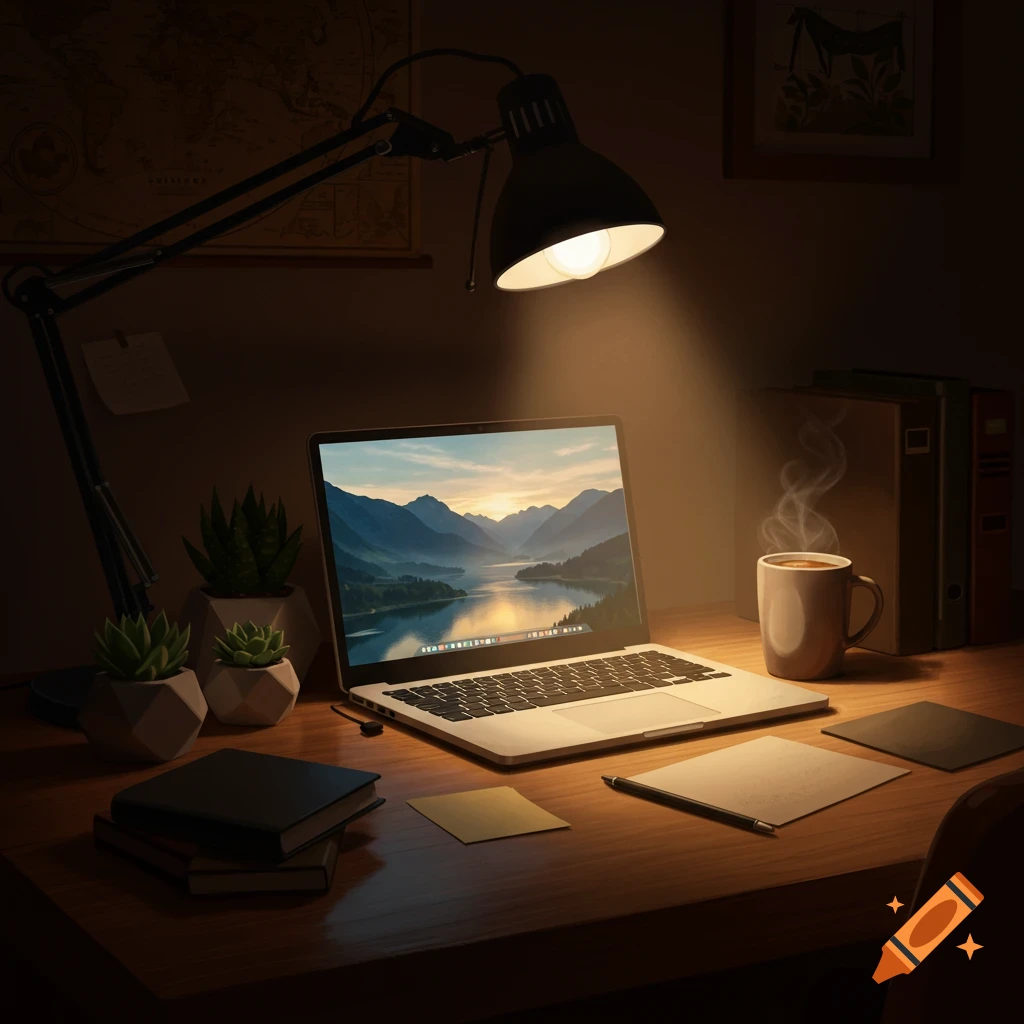 A cozy, dimly lit workspace with a laptop displaying a mountain lake, a steaming coffee mug, desk lamp, and potted succulents.