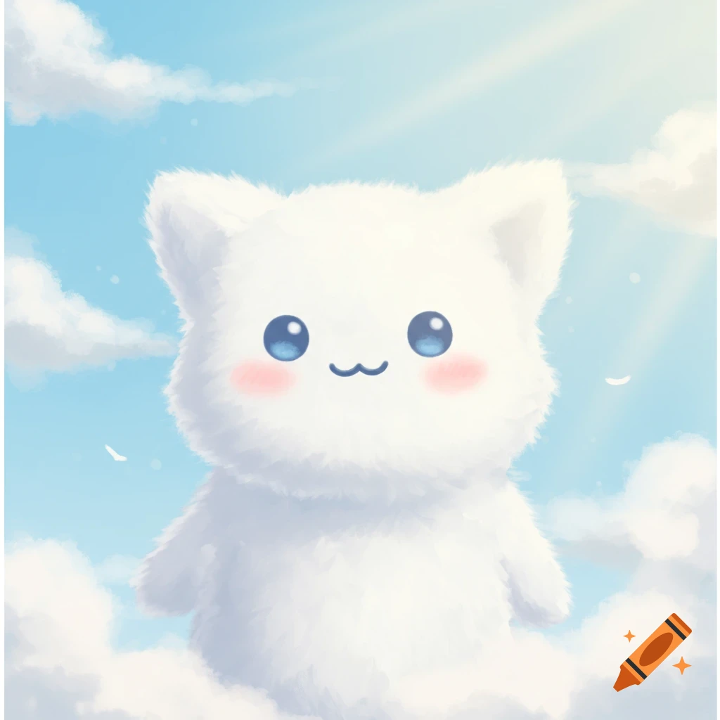 A fluffy white character with big blue eyes and rosy cheeks smiles, set against a blue sky with clouds and sun rays.