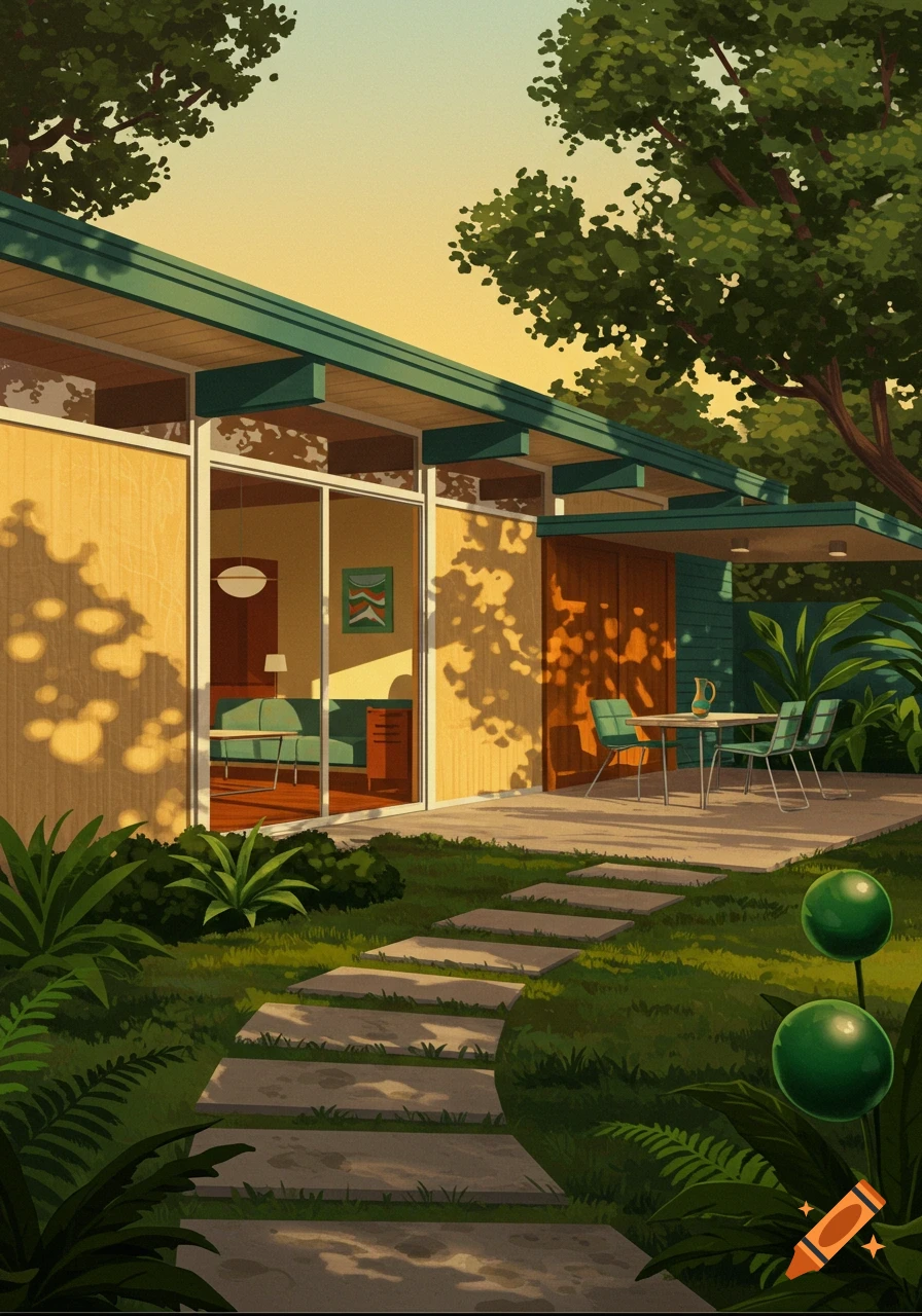 A vibrant illustration of a mid-century modern home with a green garden, stone path, and an outdoor patio at sunset.
