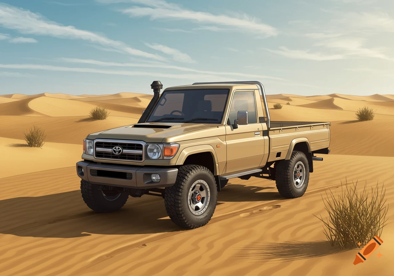 A tan Toyota Land Cruiser 70 pickup truck with a snorkel stands on a sandy desert dune under a partly cloudy sky, in an illustrated style.
