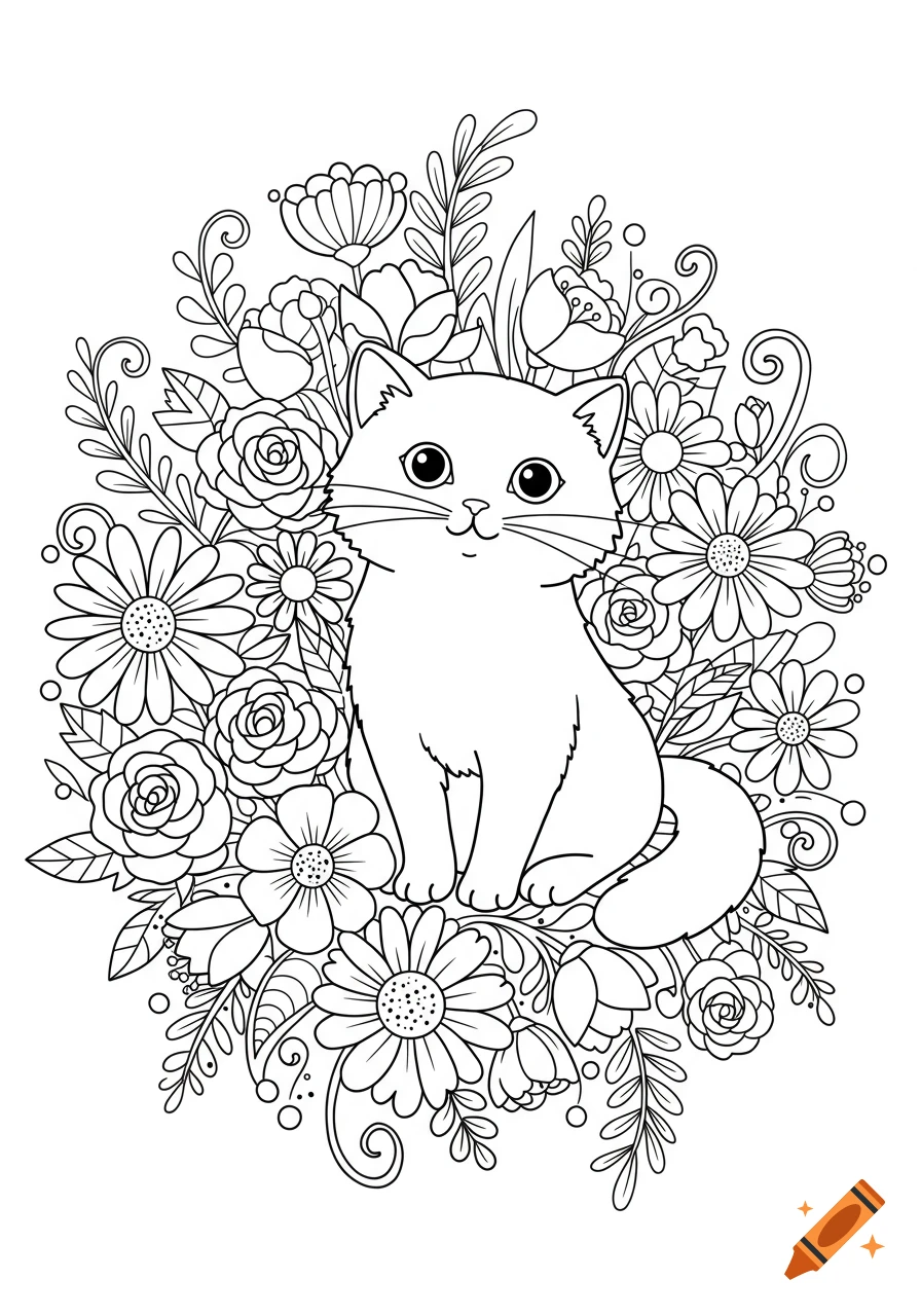 A black and white line art drawing of a cute cartoon cat sitting amidst a detailed flower bouquet, designed for a coloring book.