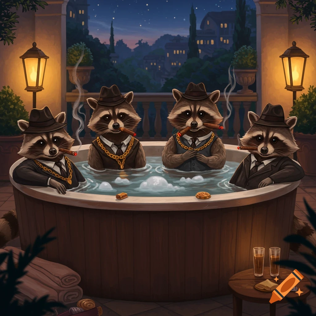 Four cartoon gangster raccoons in hats and golden chains smoke cigars in a hot tub on a luxurious balcony at night.