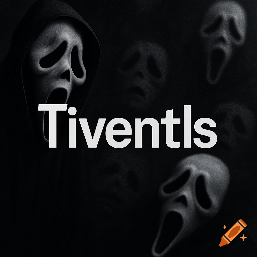 White text 'Tiventls' over a dark background with multiple Ghostface masks from the Scream franchise.