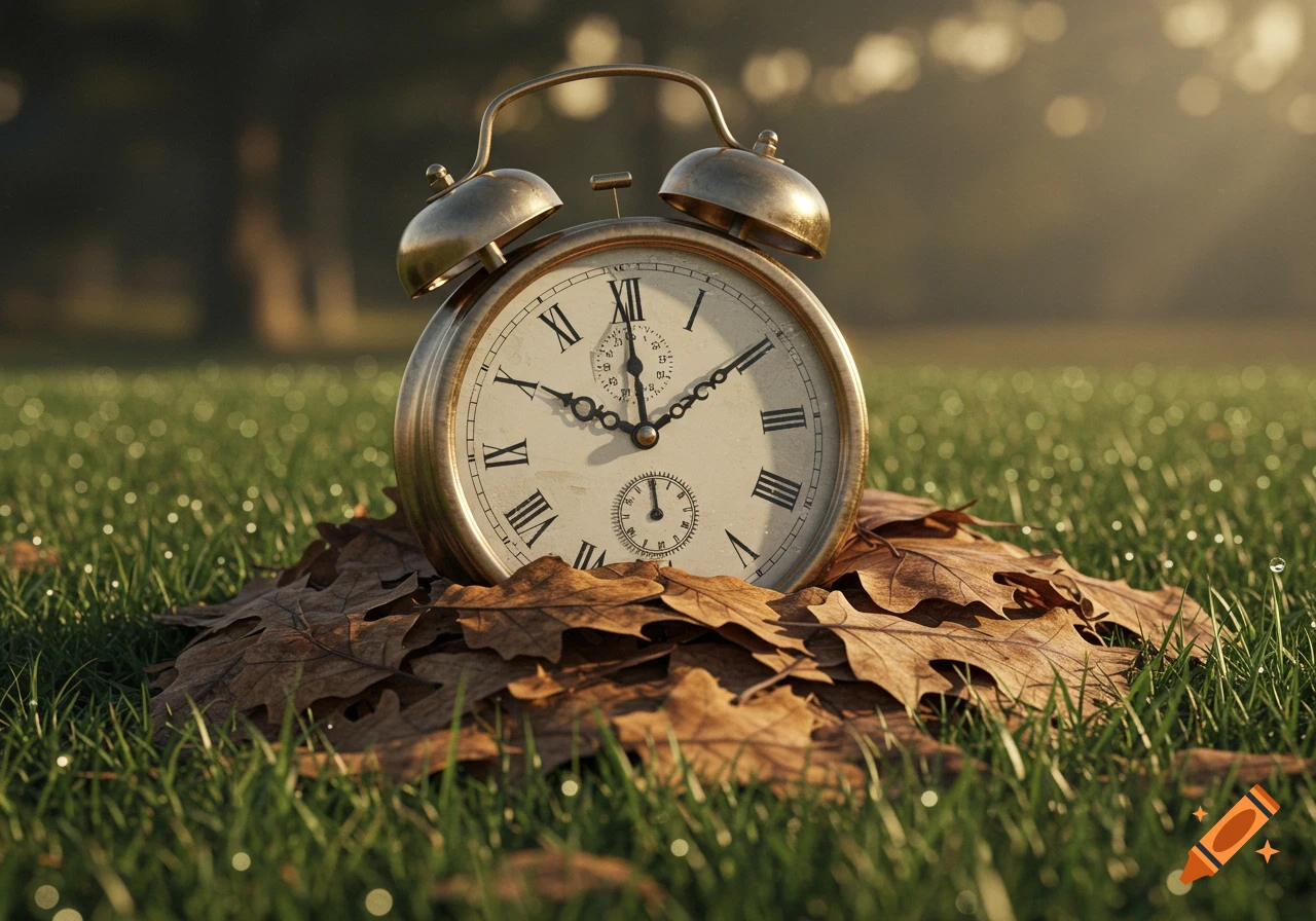 An antique alarm clock with Roman numerals sits on a pile of fallen oak leaves in dewy grass, bathed in warm sunlight.
