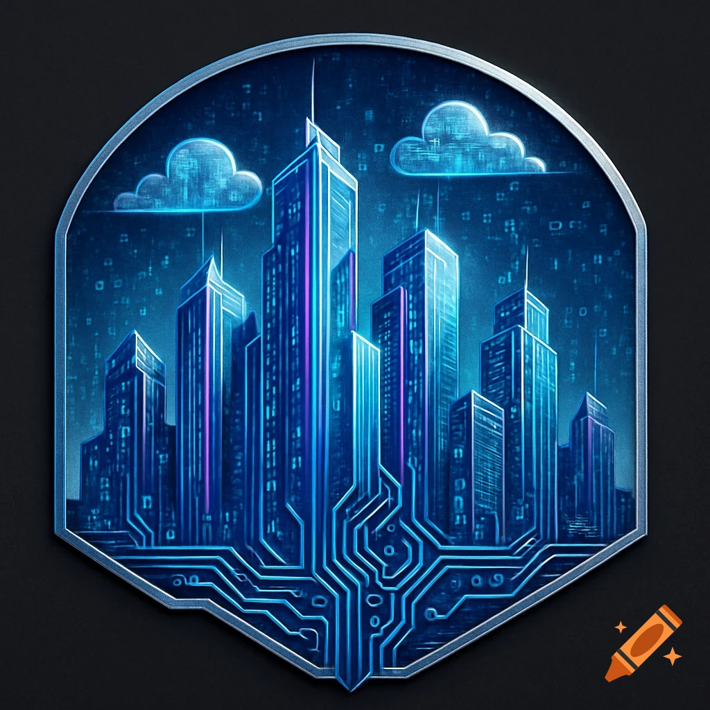 Digital city skyline with glowing blue skyscrapers and circuit board patterns at the base, within a metallic badge frame.