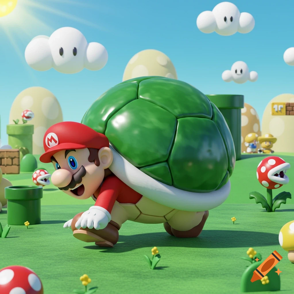 Mario, wearing a large green Koopa shell, crawls on green grass in a bright Super Mario cartoon landscape.