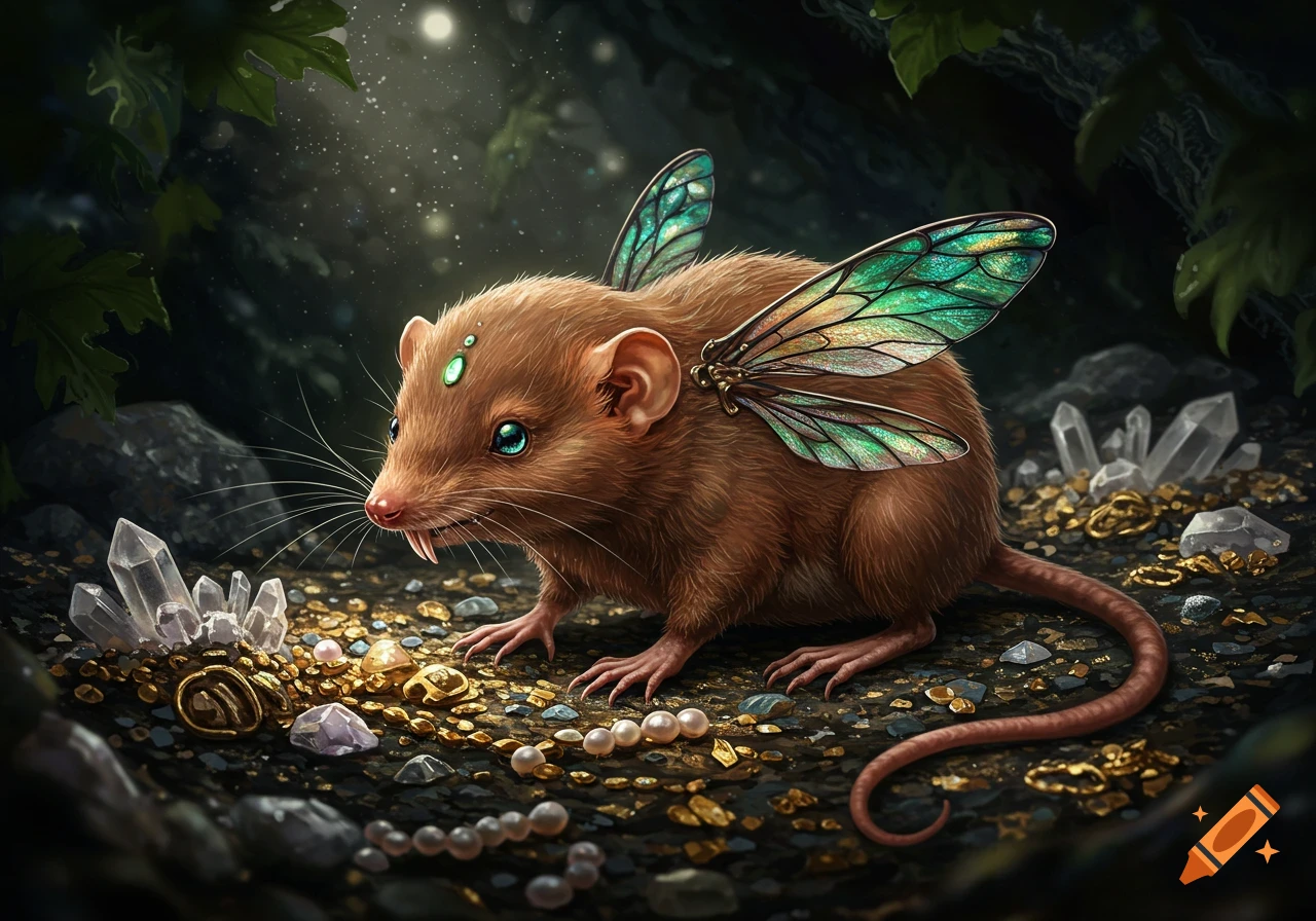 A tiny brown shrew-like creature with iridescent teal insect wings, glowing green eyes, and a small green gem on its forehead, crouches on a hoard of gold, pearls, and clear crystals in a dark, magical forest.