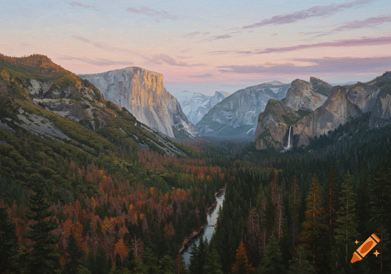 An oil painting of Yosemite Valley at sunset, with golden cliffs, a winding river, autumn trees, and a distant waterfall.
