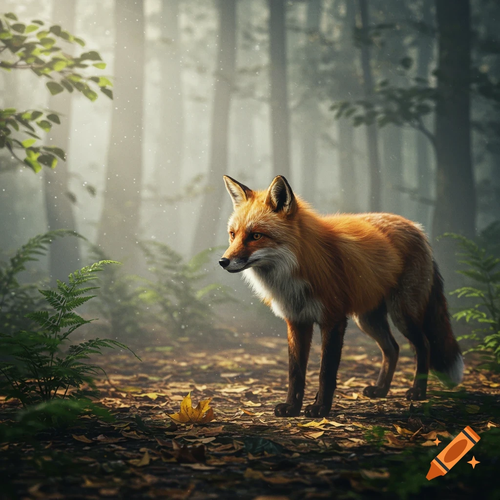 A red fox with a white chest stands in a misty forest, illuminated by cinematic lighting, with ferns and fallen leaves on the ground.