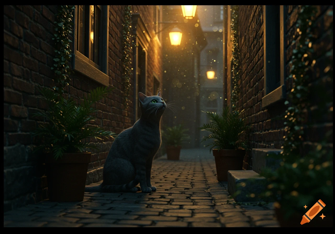 A gray cat sits looking up in a dark, atmospheric cobblestone alleyway lit by glowing lanterns, with brick walls and potted plants.