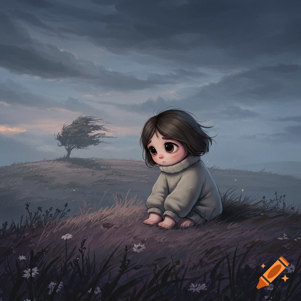 A cartoon child with big eyes sits sadly on a grassy hill under a cloudy sky, with a windswept tree in the background.