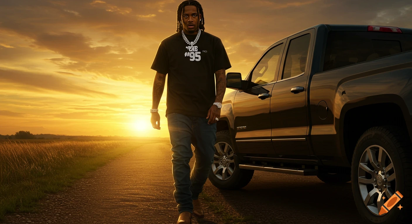 A man in a black shirt, jeans, and cowboy boots walks on a dirt road next to a black pickup truck during a cinematic sunset.