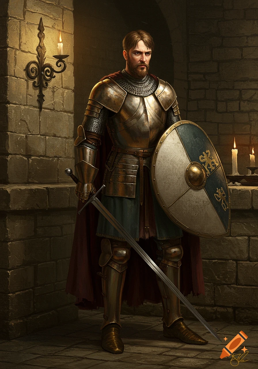A medieval warrior in bronze armor holds a sword and a shield with a crest, standing in a candlelit stone castle.