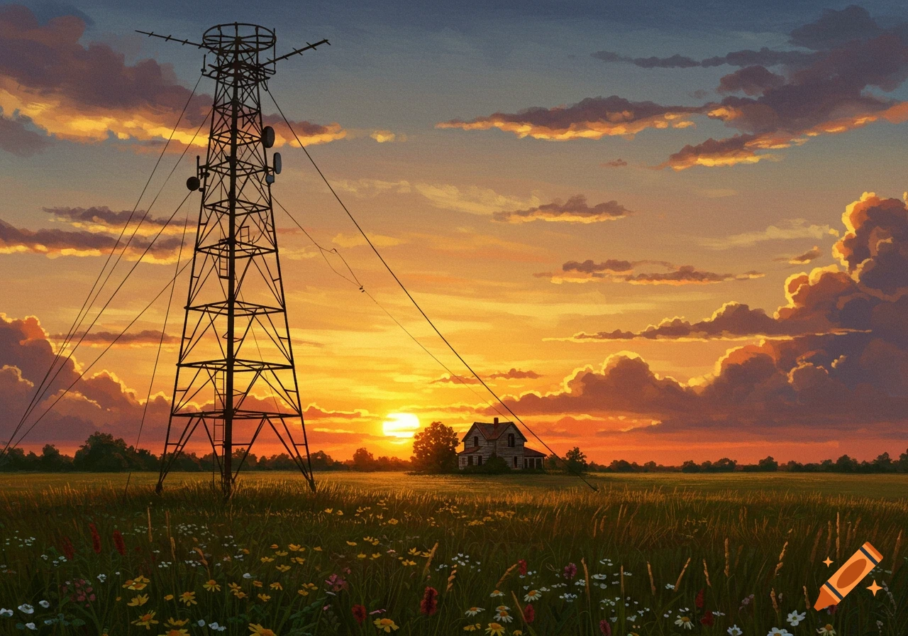 An illustrated rural landscape at sunset features a tall radio tower, a distant house, and a field of wildflowers.