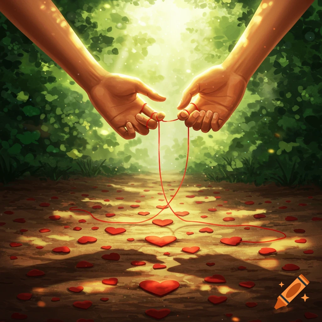 Two hands hold a red string, which trails along a sunlit forest path with scattered red hearts, in a vibrant illustration.