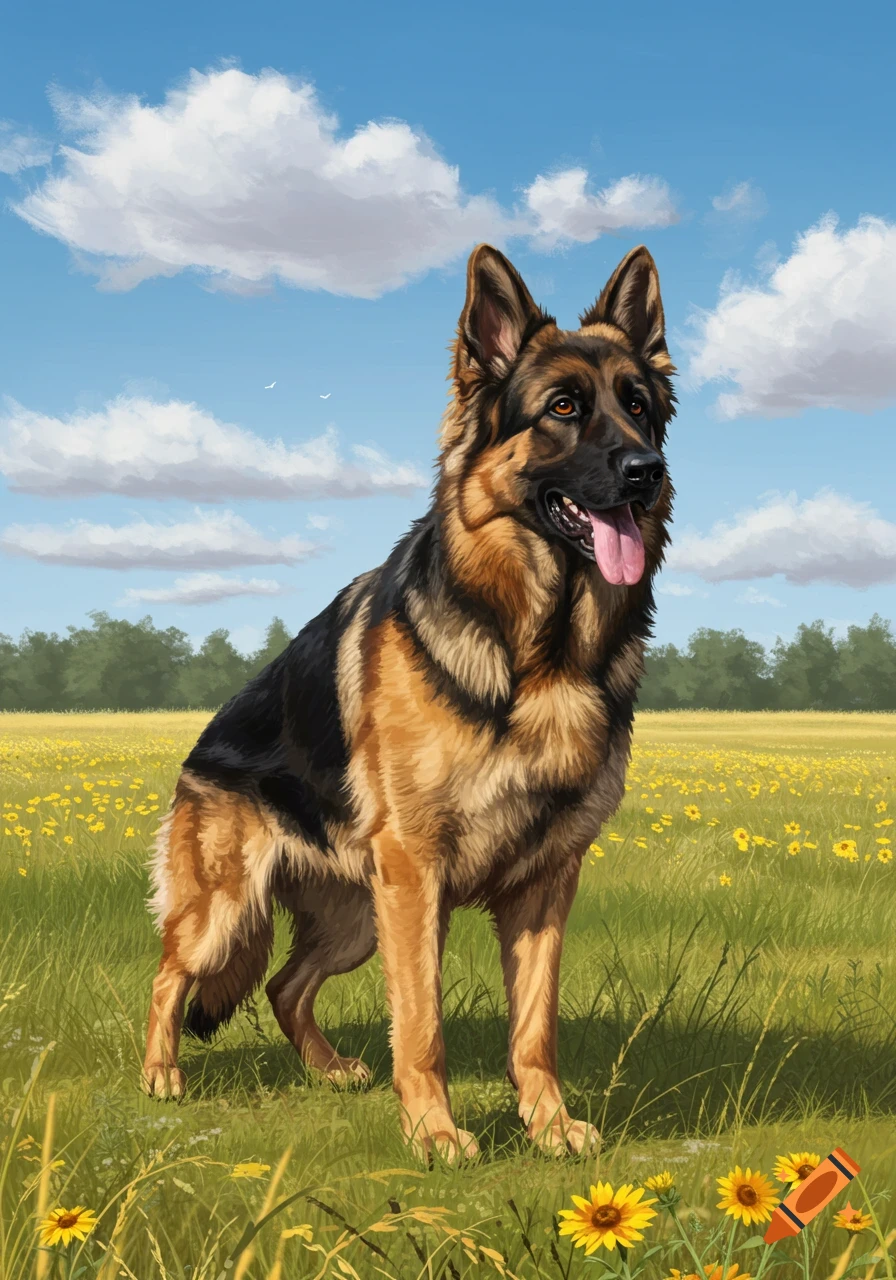 A detailed illustration of a German Shepherd dog standing in a vibrant green field filled with yellow wildflowers under a blue sky.