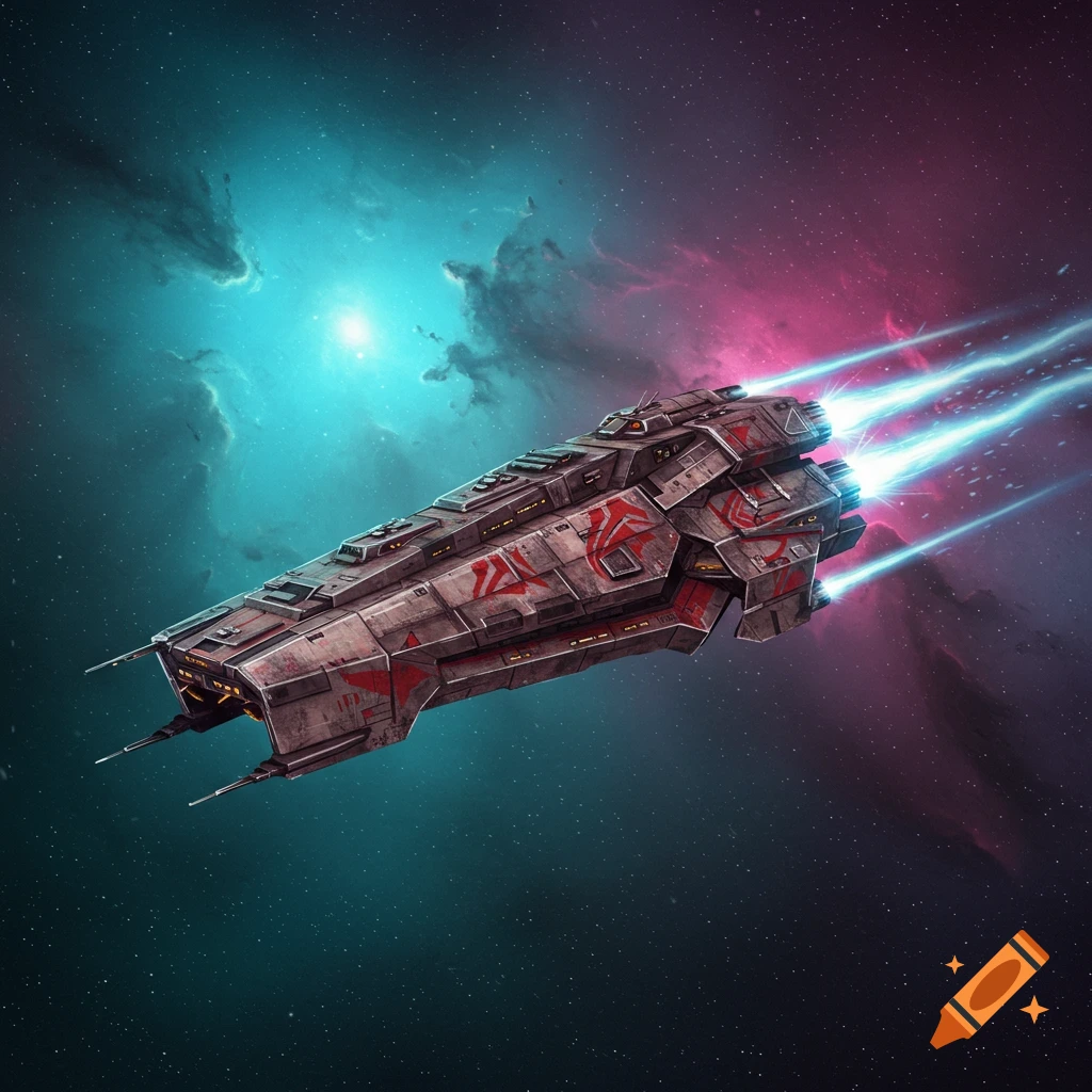 A detailed futuristic battleship, heavily armored with red markings, blasts through space with bright blue engine trails against a nebula.