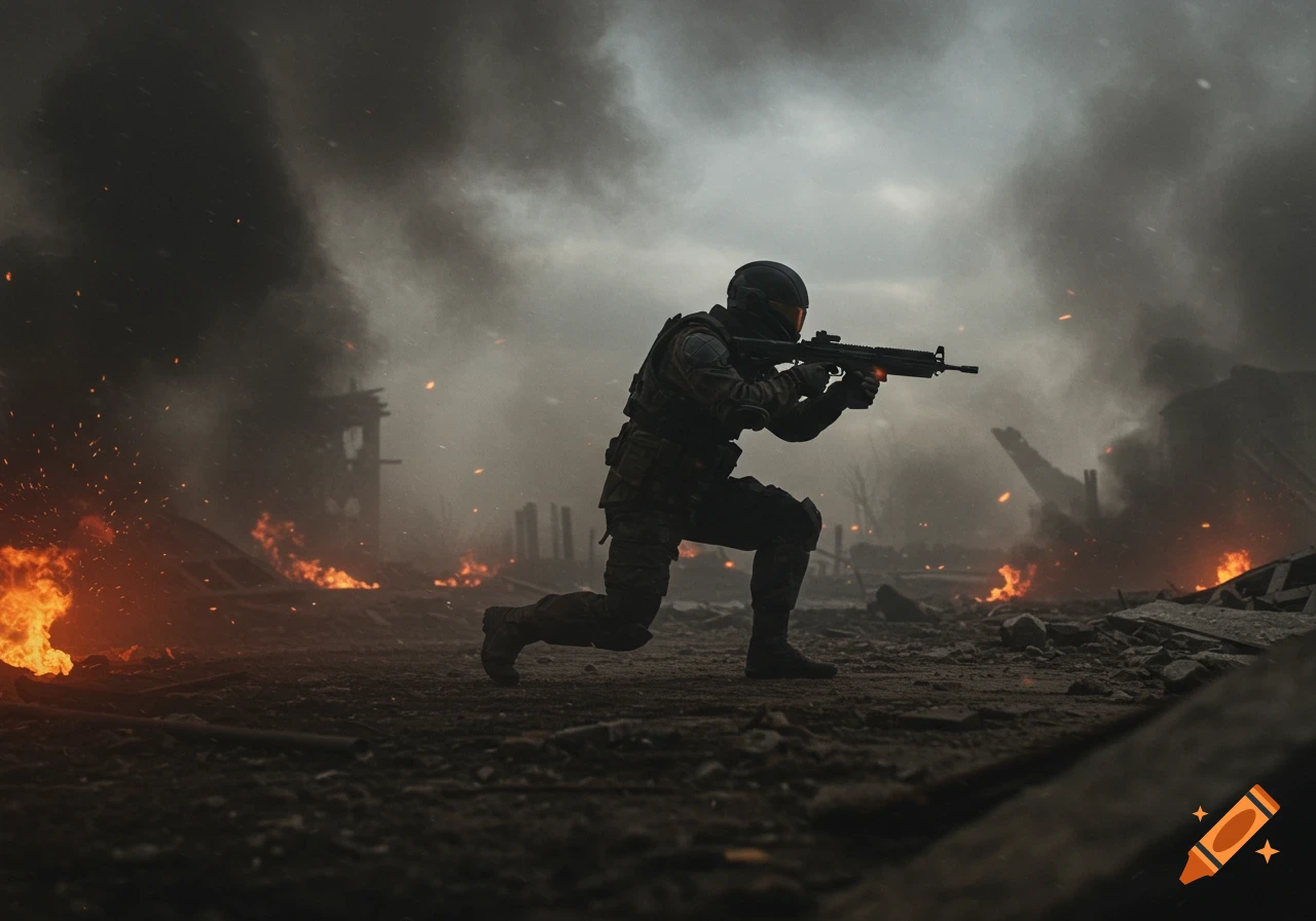 A soldier crouches and aims a rifle amidst explosions and smoke on a war-torn battlefield.