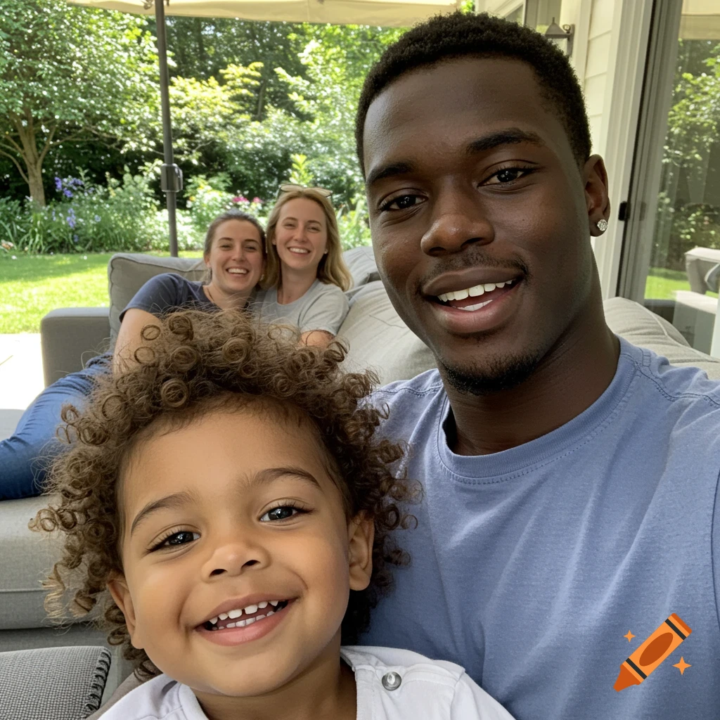 A man takes a selfie with a smiling toddler on his lap, while two smiling women relax on a couch behind them on an outdoor patio.