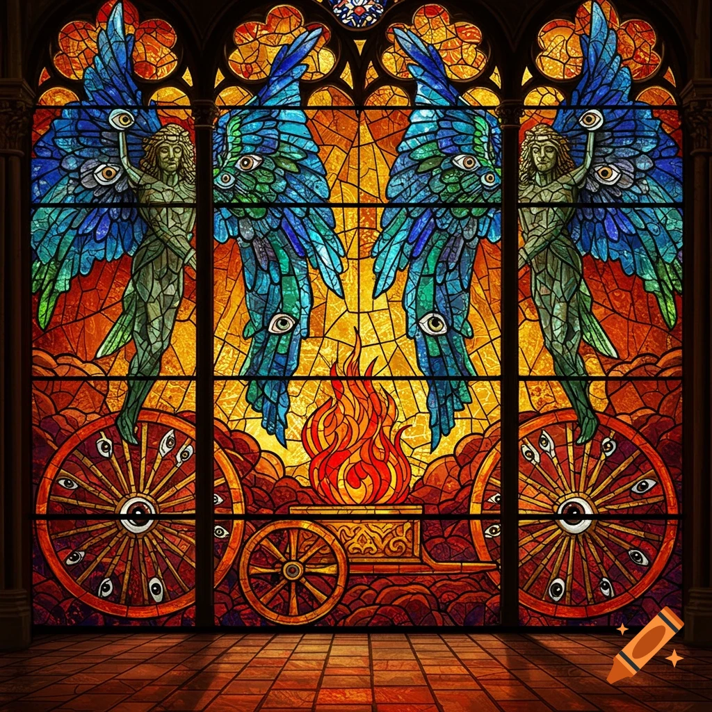 Stained glass window depicting biblical cherubim with many eyes on their wings and wheels, a central altar with fire.