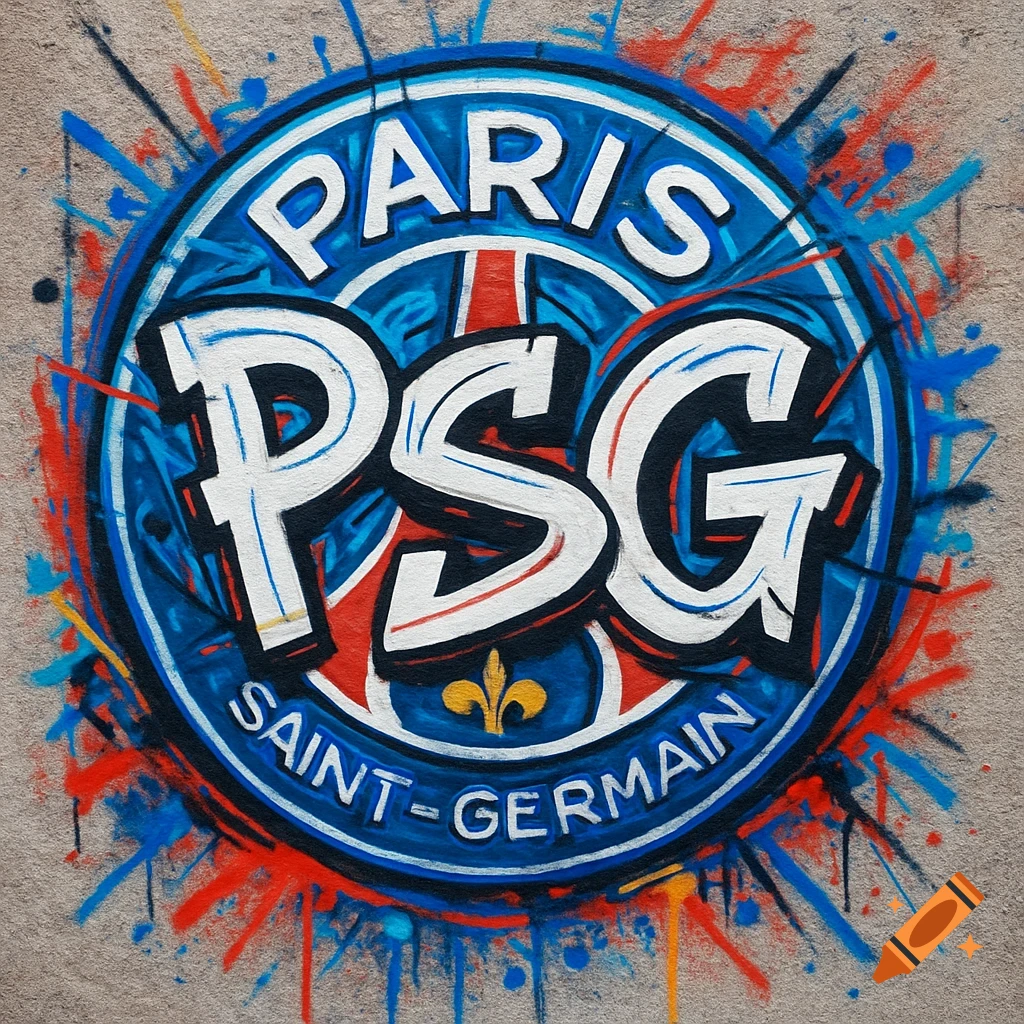Graffiti-style Paris Saint-Germain (PSG) football club logo with blue, white, and red splashes on a textured wall.