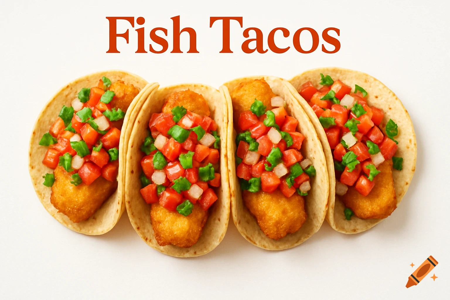 Four fish tacos topped with pico de gallo on a white background, with 'Fish Tacos' text above.