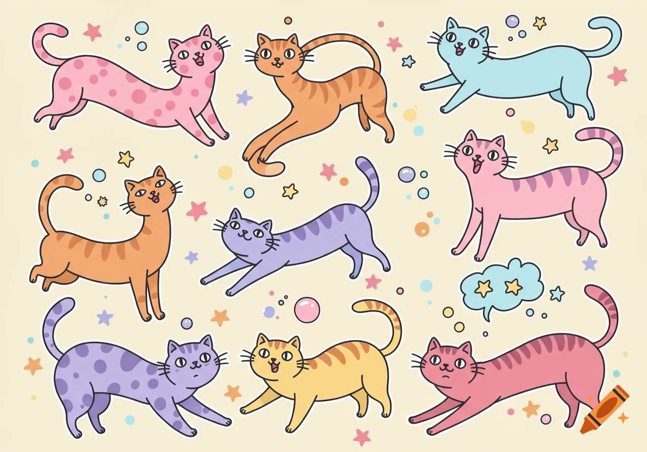 A vibrant seamless pattern of nine cartoon cats in various colors and poses, surrounded by stars and bubbles on a light yellow background.