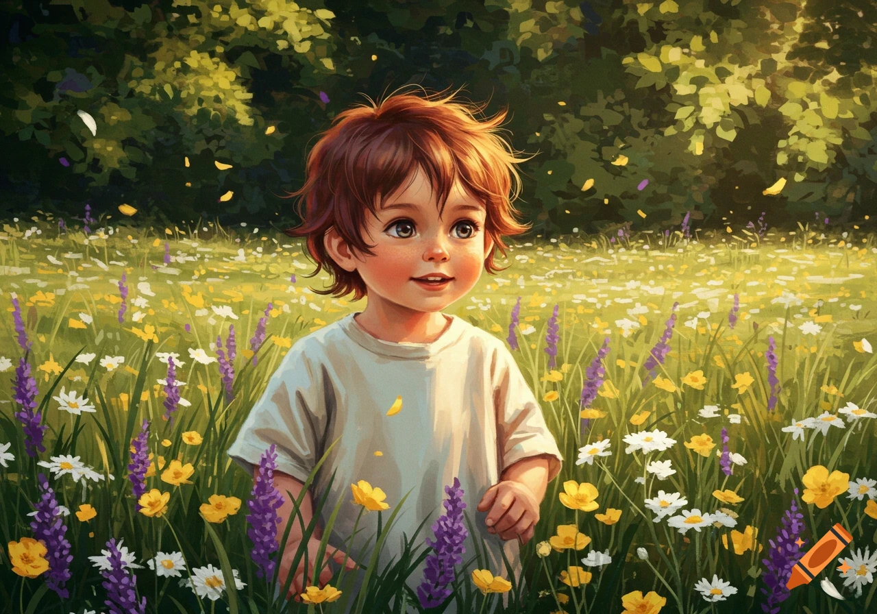 A cute child with brown hair stands in a sunny field of yellow, white, and purple wildflowers, with trees in the background, in a painted style.