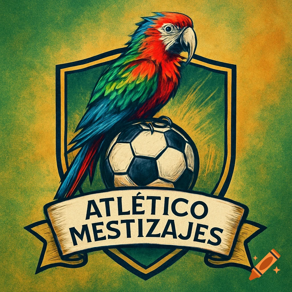 A stylized emblem features a colorful parrot perched on a soccer ball above a shield with a banner reading ATLÉTICO MESTIZAJES. Green and yellow background.