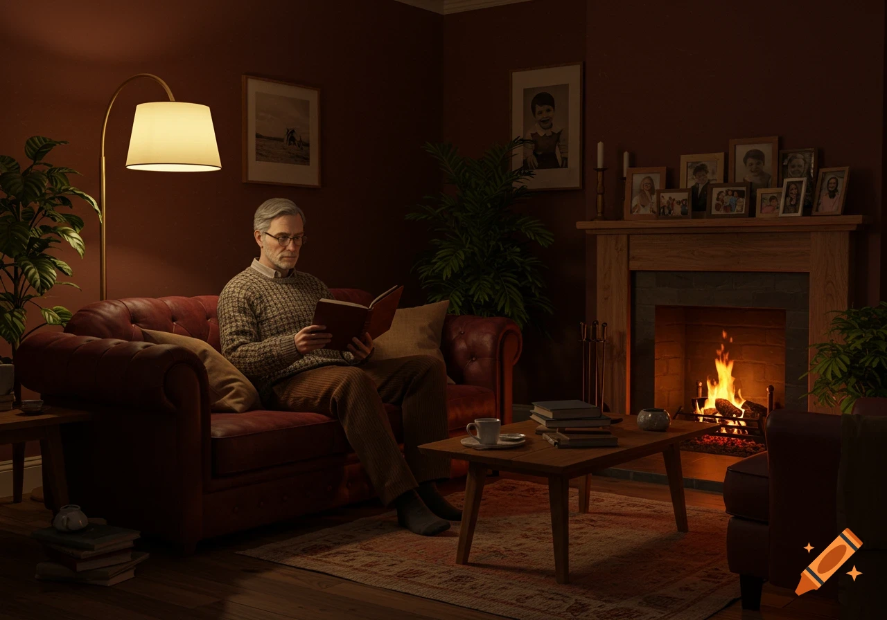 A man reads a book on a red leather sofa in a cozy living room with a fireplace and warm lighting.