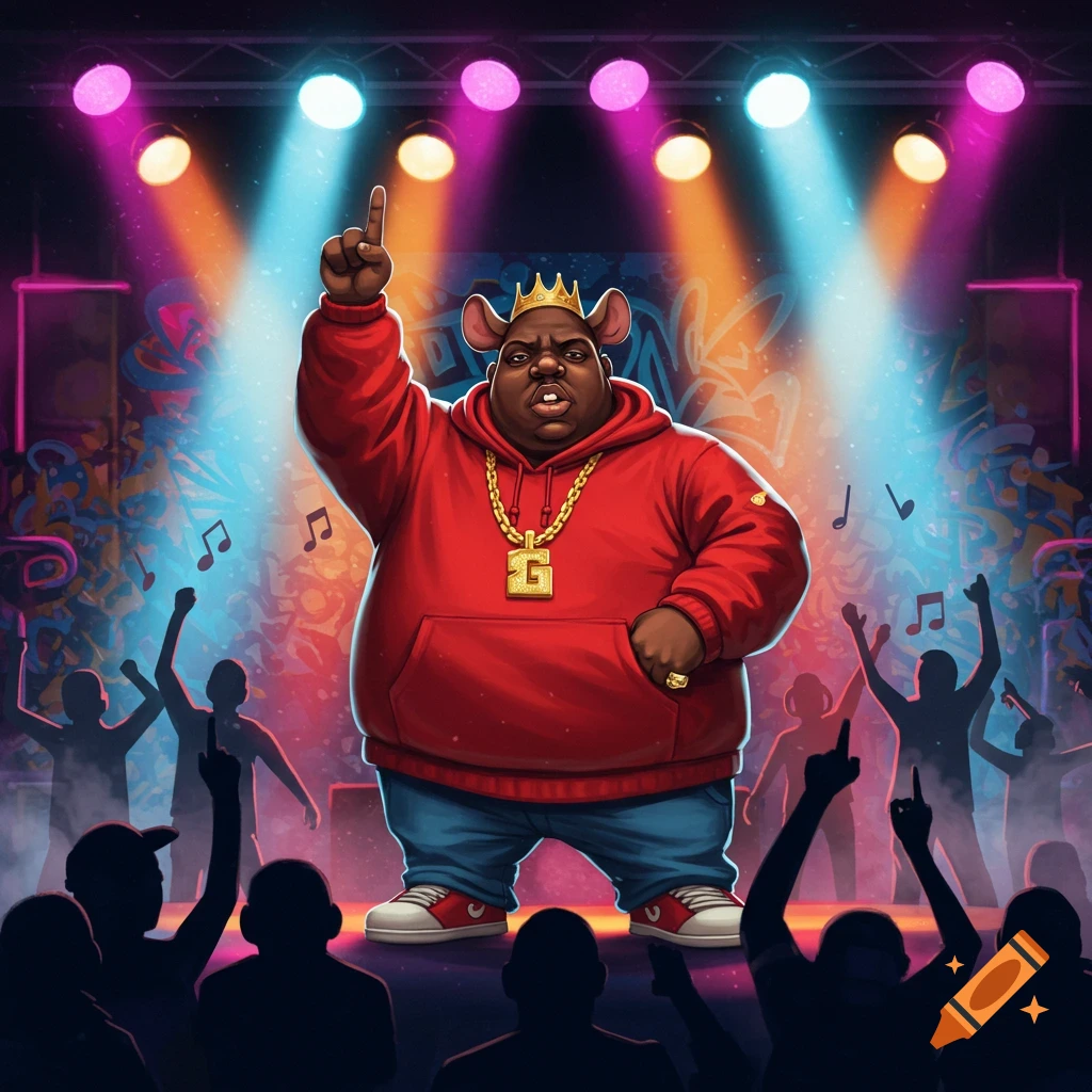 A cartoon rat resembling Biggie Smalls, wearing a red hoodie, gold chain with a 'G' pendant, and a crown, performs on a spotlighted stage to a silhouetted crowd.