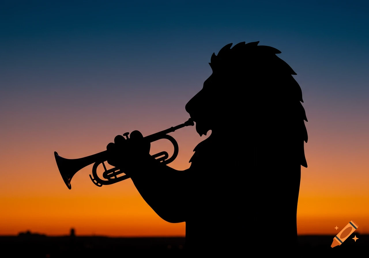 Silhouette of a lion playing a trumpet against a vibrant sunset sky.
