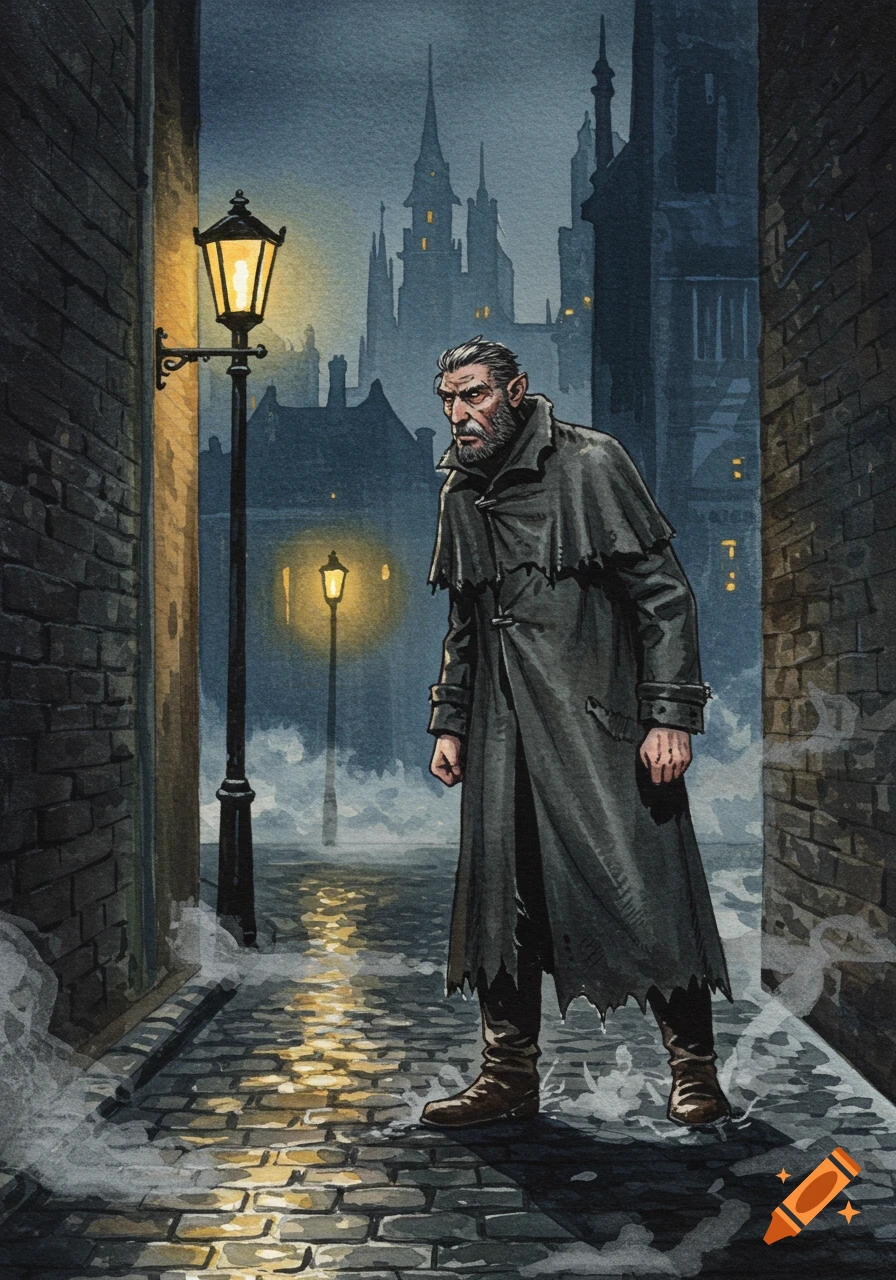 Watercolor illustration of a gruff man in a long coat standing in a dark, wet city alleyway at night, lit by two glowing streetlights.