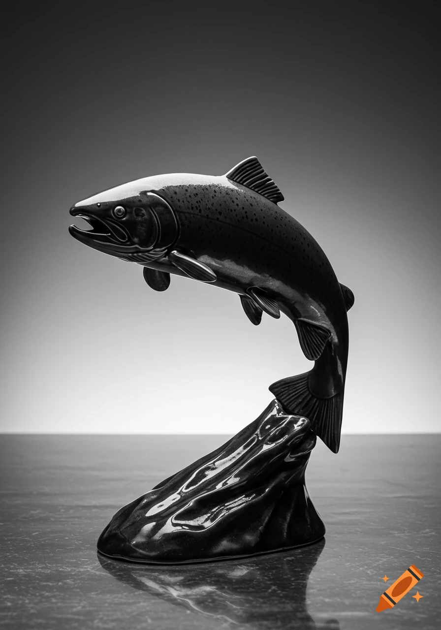 A monochrome ceramic sculpture of a salmon jumping out of water.