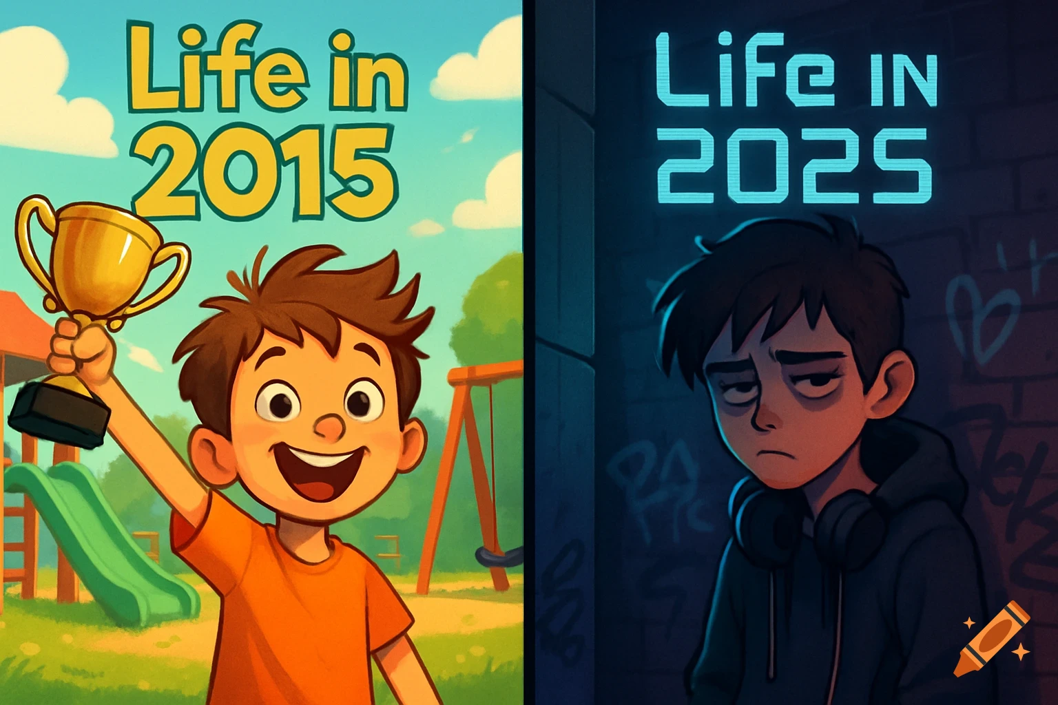 Cartoon split image showing a happy child in a park with 'Life in 2015' and a sad teen in a city with 'Life in 2025'.