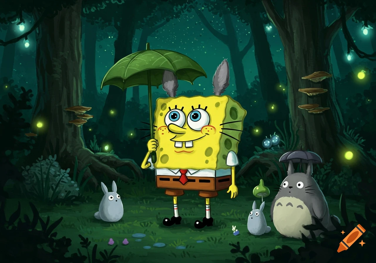 Spongebob with bunny ears holds a green umbrella in a magical, glowing forest with Totoro and smaller creatures.