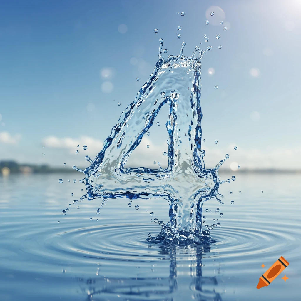 Photorealistic number 4 made from splashing water in a lake under a clear blue sky.