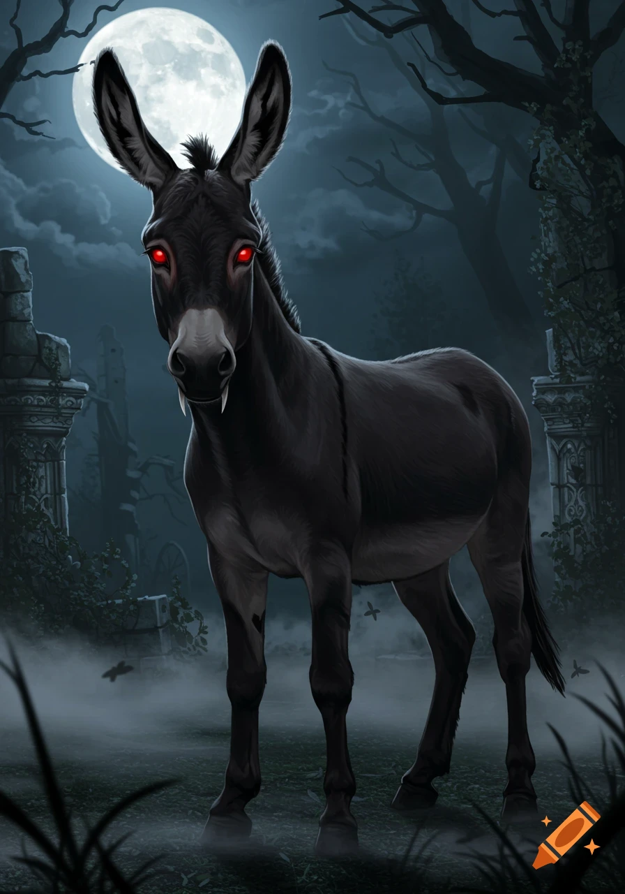 A black vampire donkey with glowing red eyes and fangs stands in a misty, moonlit gothic graveyard with ruins.