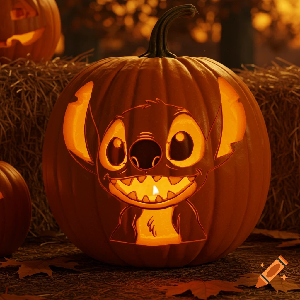 A glowing jack-o'-lantern carved with Disney's Stitch character sitting on hay bales with autumn leaves, photorealistic style.