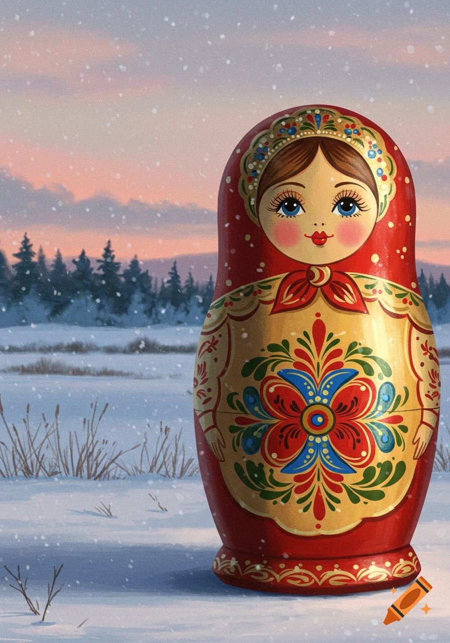 A brightly decorated red and gold Matryoshka doll stands in a snowy field with falling snow, evergreen trees, and a pink sky in an illustrated style.
