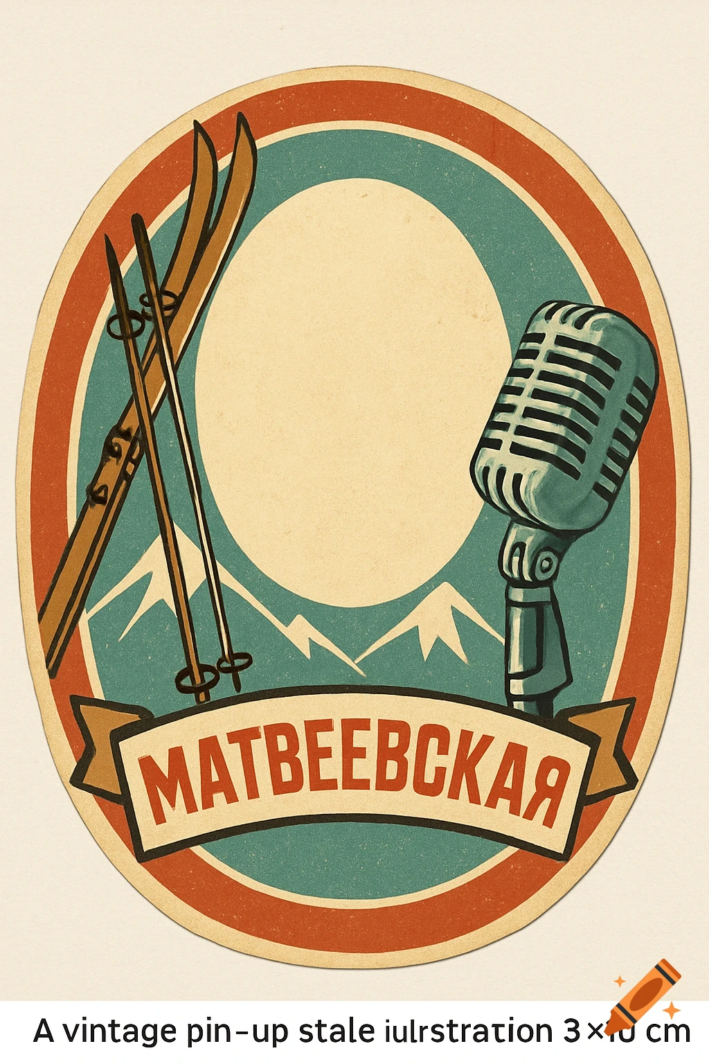 A vintage-style oval label illustration featuring crossed skis, poles, snowy mountains, a retro microphone, and Cyrillic text on a banner.